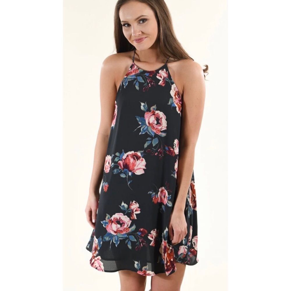 Everly Women’s Floral Pale Black Pink Spaghetti Strap Dress Sz M